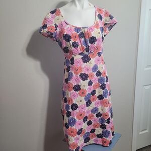 Boden size 8L dress long shift flower colorful fun short sleesvve sheer pleated